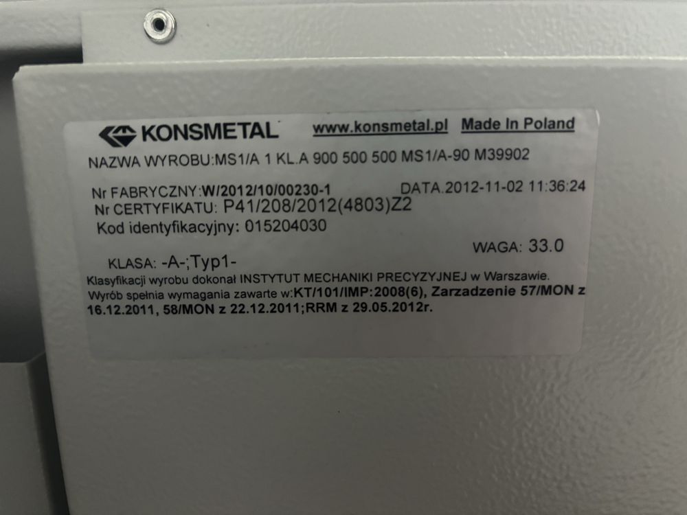 Sejf domowy na poufne - Konsmetal MS1/A90 klasa A 900/500/500