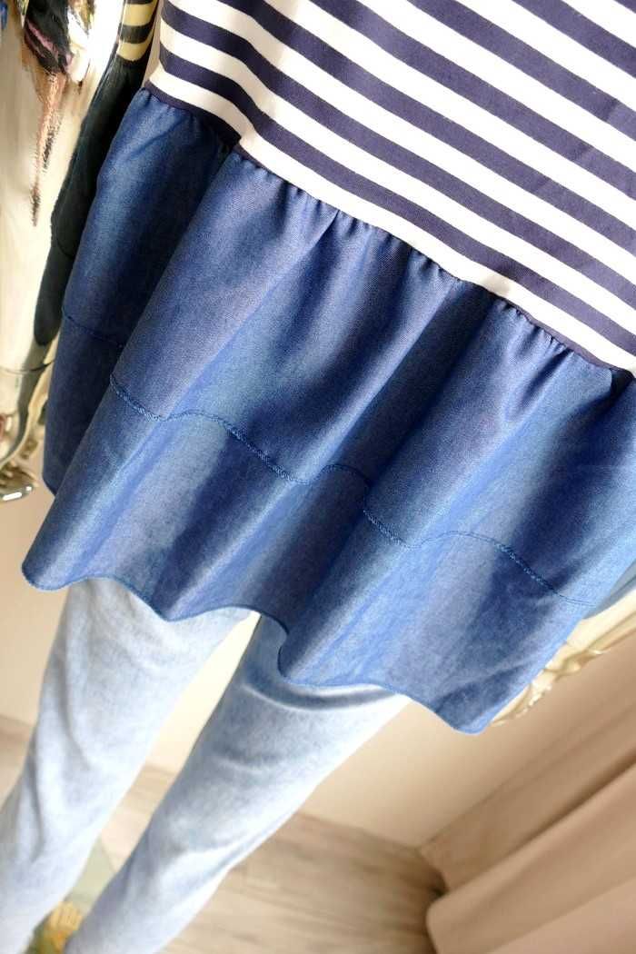 Nowa bluzeczka paski z ozdobną ala jeans falbaną plecy Uni