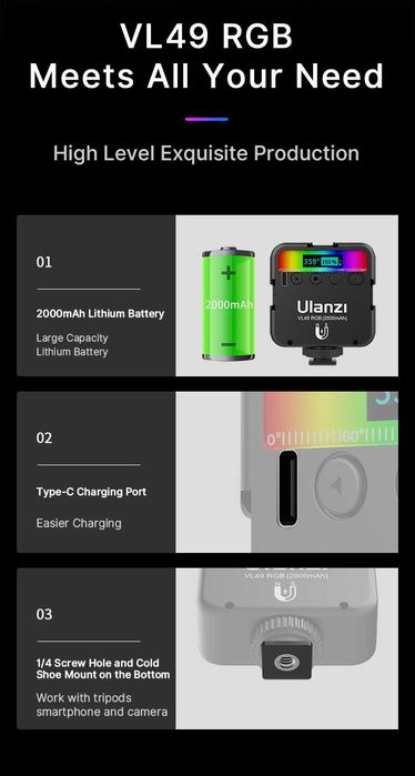 Lampa fotograficzna Ulanzi VL 49 RGB do zdjęć makijażu vlog