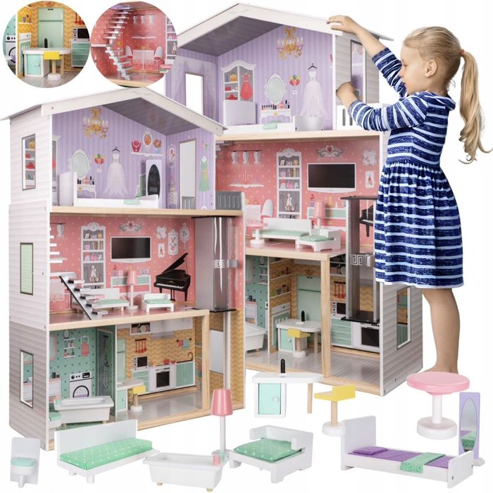 Drewniany PREMIUM‼️ Domek Dla Lalek Mebelki Winda 3 Piętra 117cm XXL