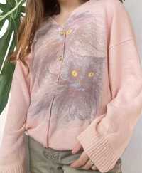 Vintage sweter kardigan różowy kotki r L