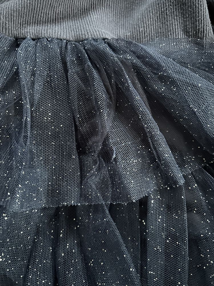 Granatowa tiulowa sukienka h&m r. 92 materiał w prążek i tiul