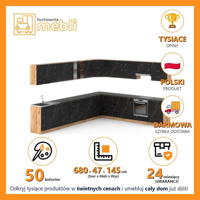 Zestaw Mebli Kuchennych Rossa 6.8m Kuchnia Z Blatem Modułowa Czarna