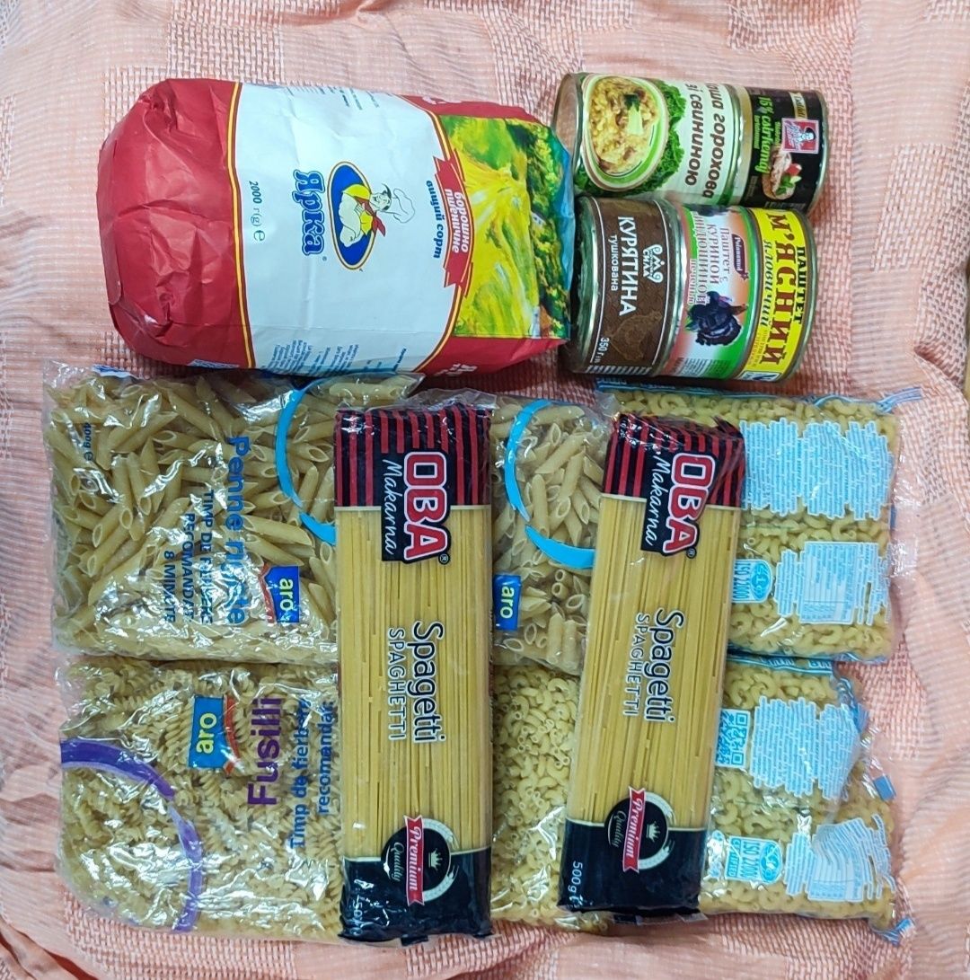 Продуктовые наборы Макароны, Мука, Консервы, Фасоль, Паштет