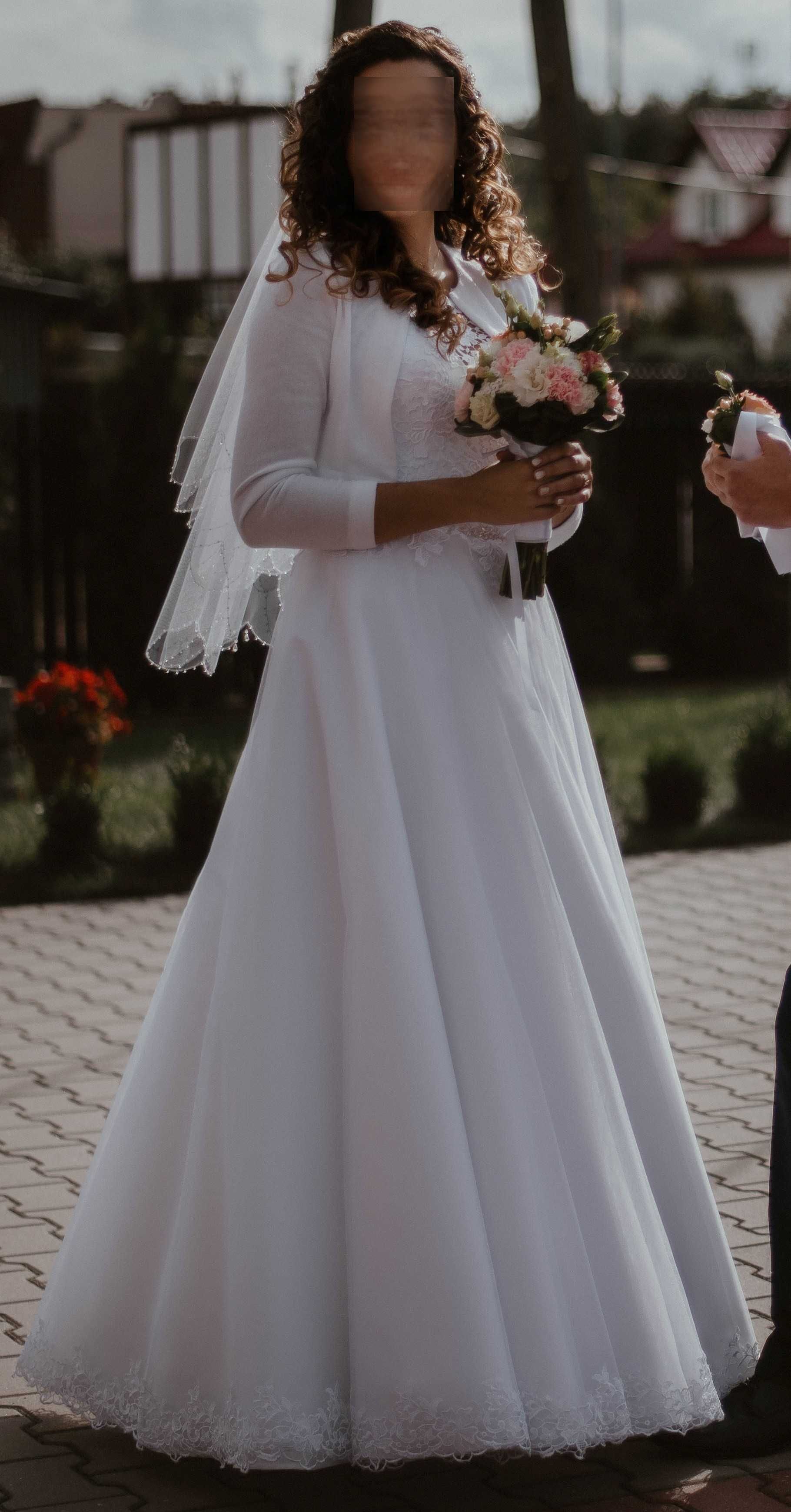 Suknia ślubna biała rozmiar 38 z bolerkiem, welonem i halką na kole