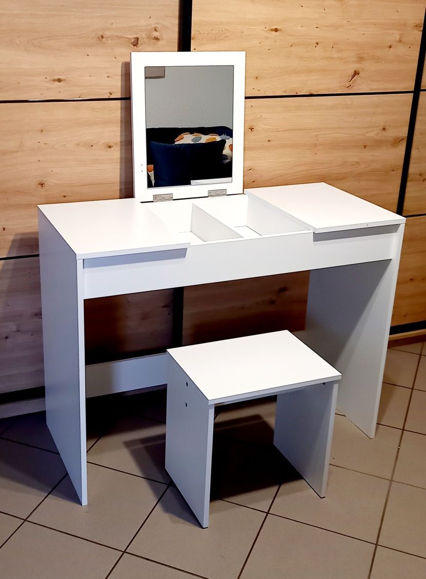 Komplet 2w1 toaletka biała biurko taboret lustro