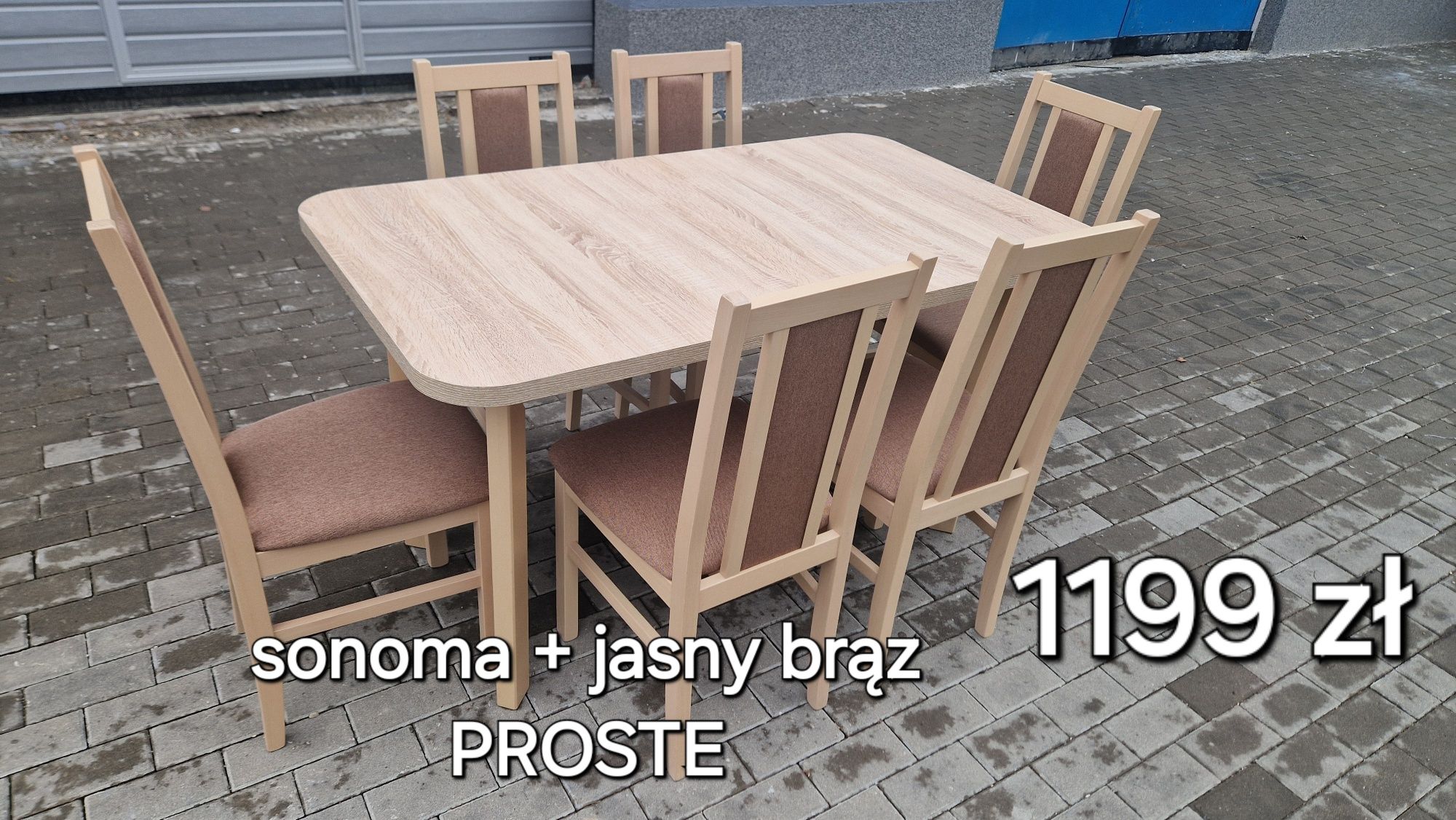 Nowe: Stół 80x140/180 + 6 krzeseł, SONOMA + JASNY BRĄZ "PROSTE"