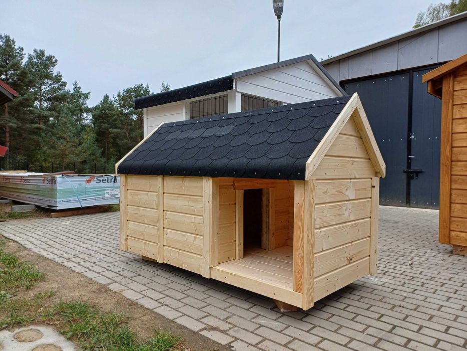 Ocieplona buda dla psa DUŻA z tarasem / przedsionkiem oraz gontem XXL