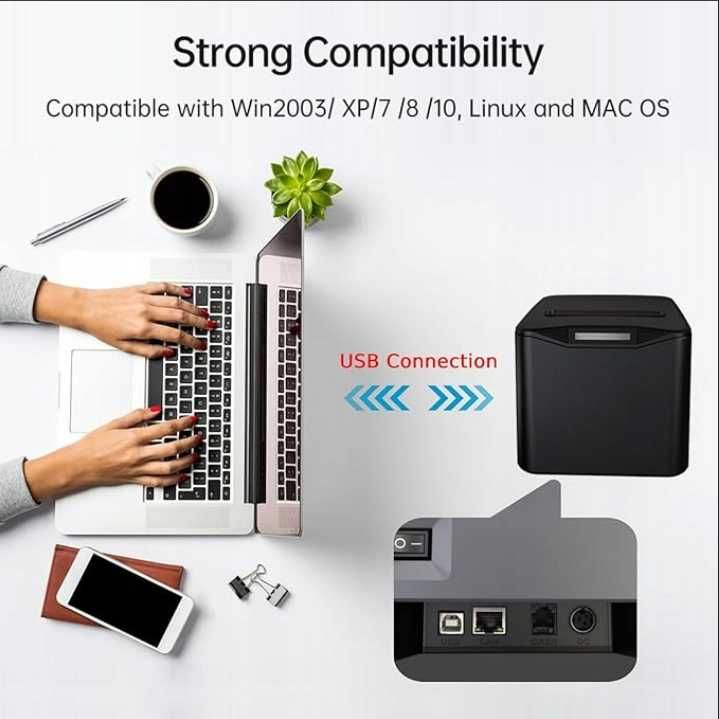 Drukarka Pokwitowań Termiczna 80mm USB+LAN Szybka Sklep Restauracja