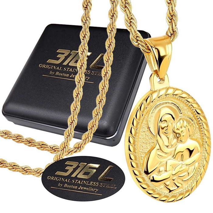 Złoty Łańcuszek + Medalik z MATKĄ BOSKĄ I DZIECIĄTKIEM Stal 316L