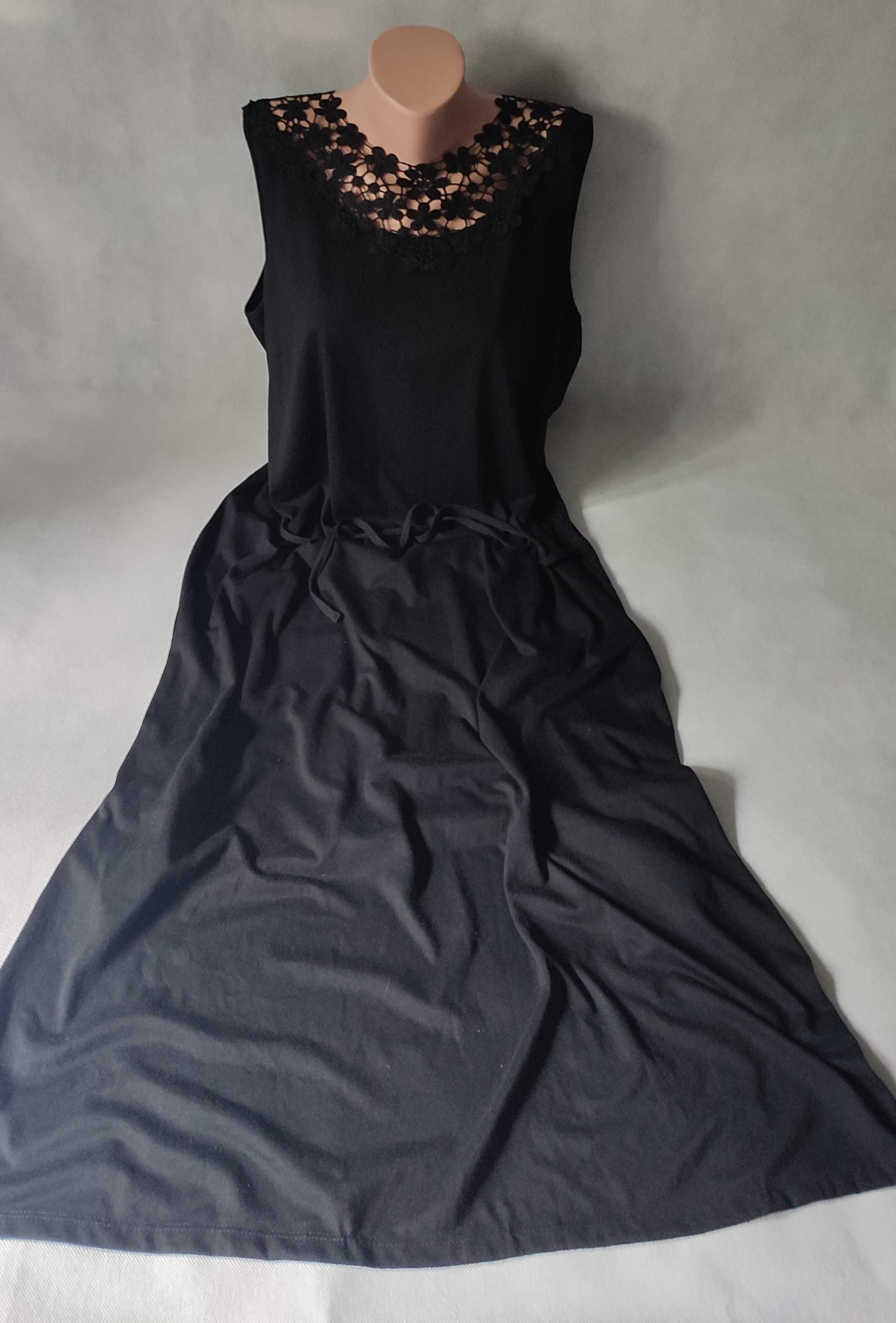 Sukienka długa maxi bez rękawów plus size ozdobny dekolt z koronki 46