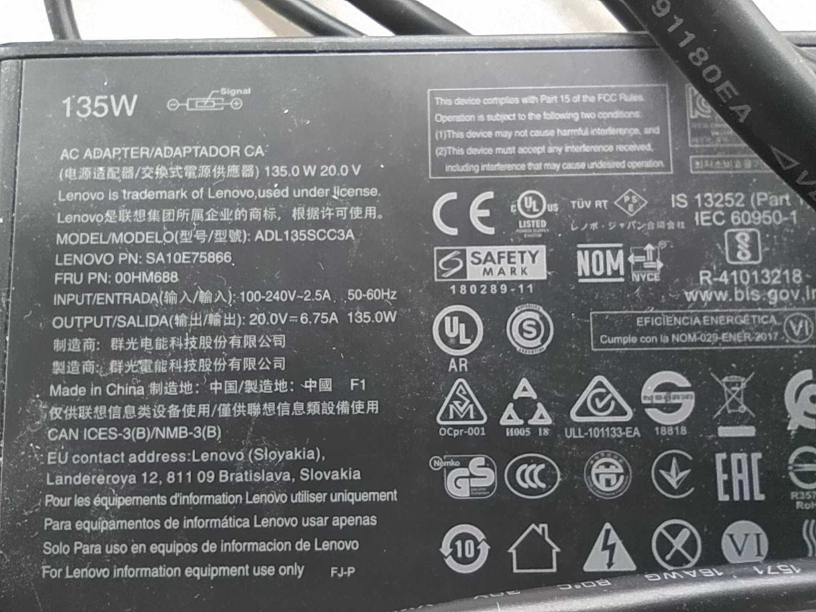 Oryginalny zasilacz Lenovo 135 W 20V 6.75A z kablem ADL135SCC3A