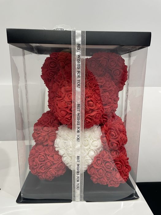 Miś z płatków róż Tose Teddy Bear różany piankowy czerwony biały 40 cm