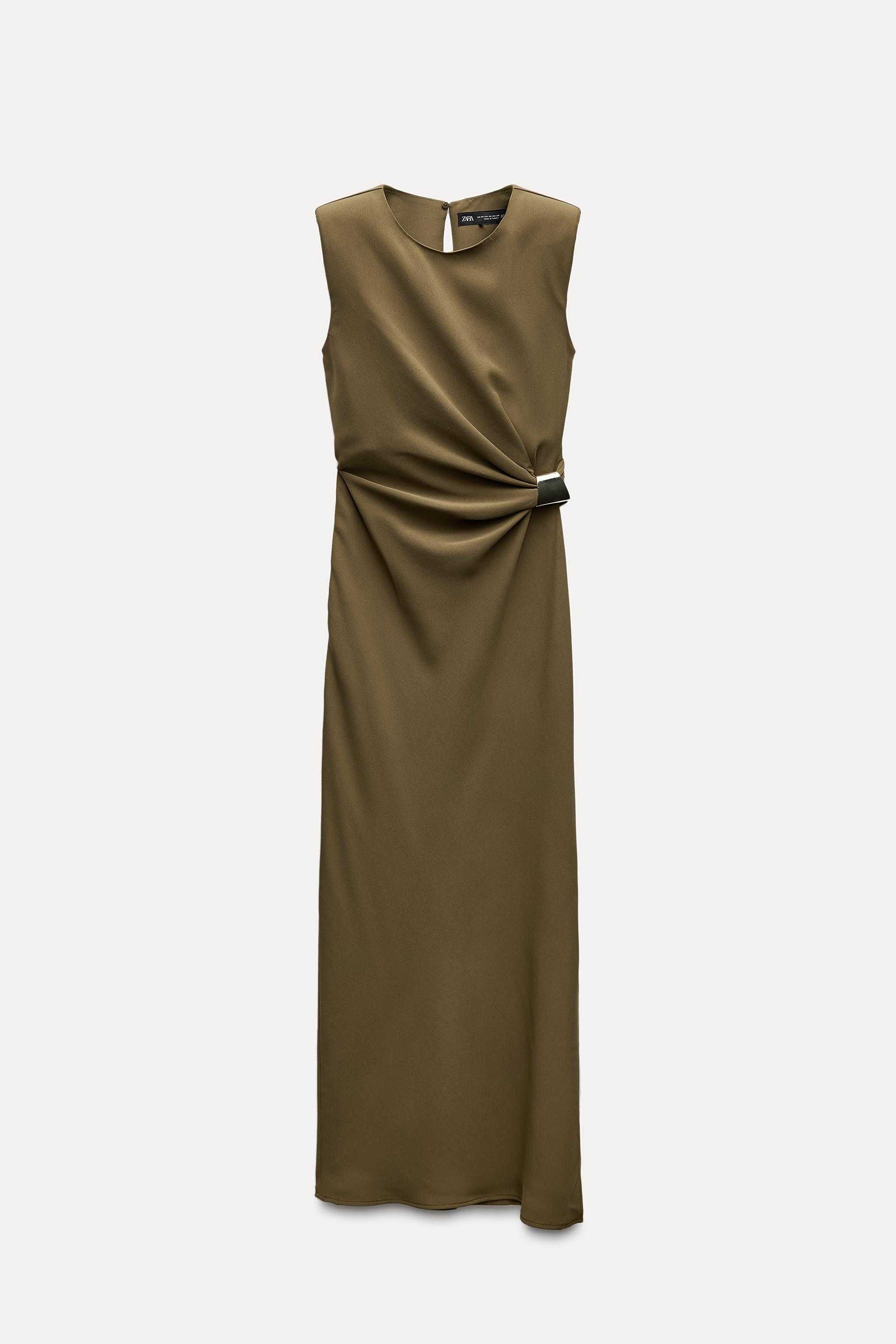 Elegancka sukienka midi khaki klamra drapowanie