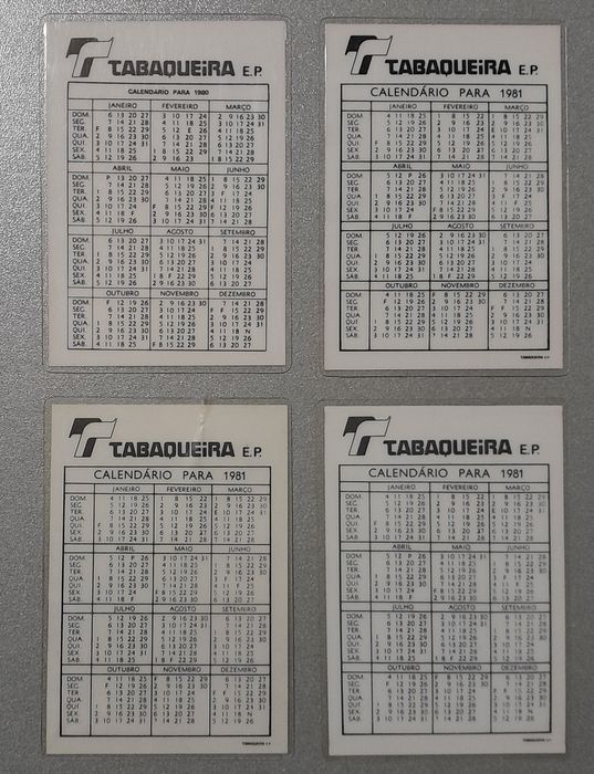 Conjunto 4 calendários de bolso plasrificados da Tabaqueira E.P