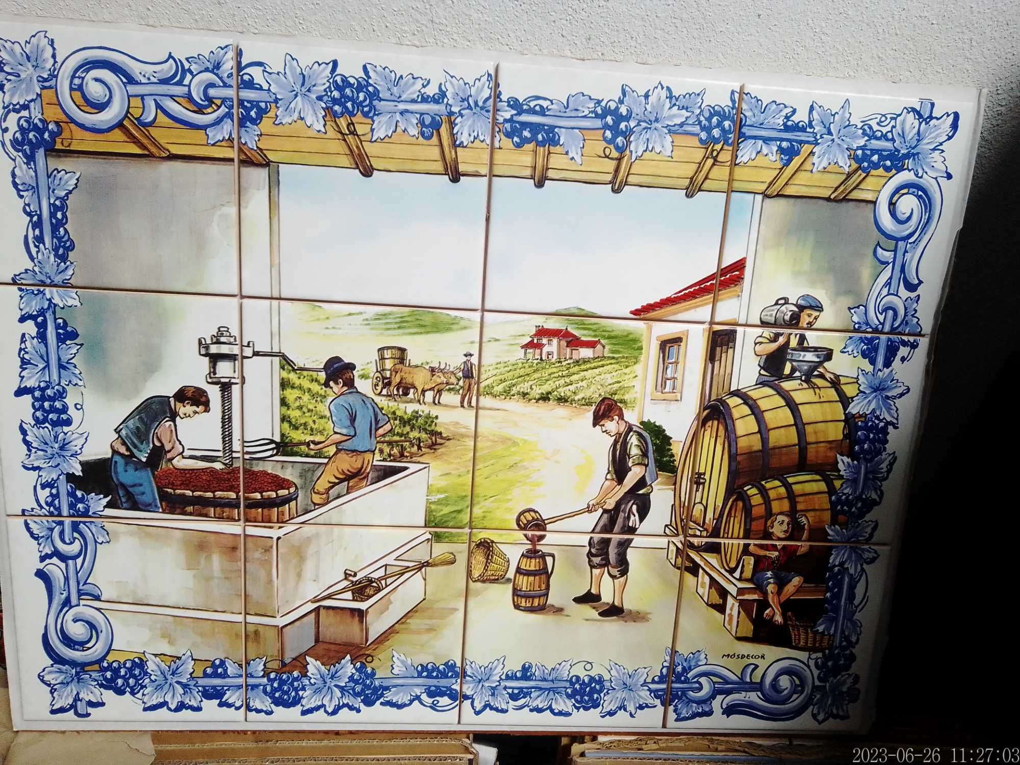 NOVO Painel Azulejos 60x45CM VINDIMAS Produção Vinho Porto Quadro