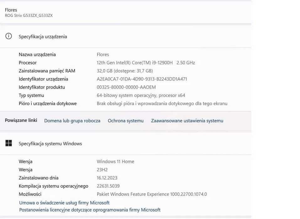 Laptop Gamingowy ASUS rog strix scar i9 12900 rtx3080 32 ram 1TB SSD