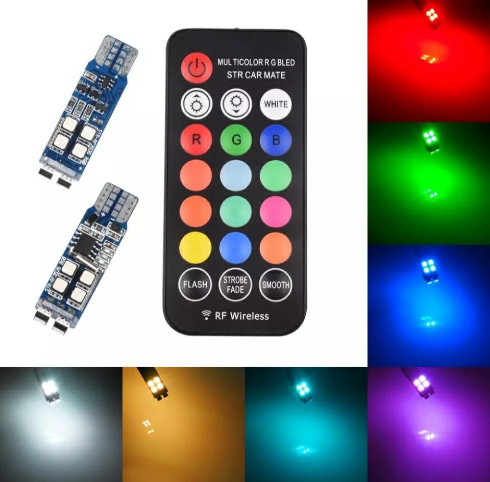 Светодиодные лампы габаритов RGB LED T10 W5W пульт 12 цвет+бел +строб