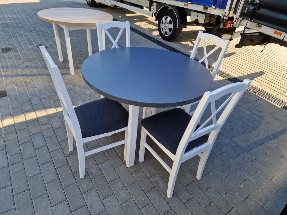 Nowe: Stół okrągły + 4 krzesła, biały/grafit + grafit ( krzyż)