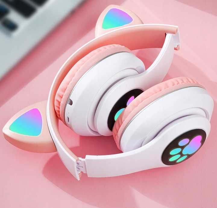 SŁUCHAWKI Dla Dzieci Bezprzewodowe Z Uszami BLUETOOTH RGB Kocie Uszy