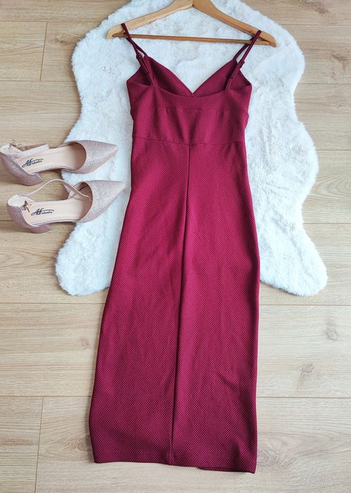 Wieczorowa bordowa MIDI sukienka M38 kobieca wesele chrzciny old money