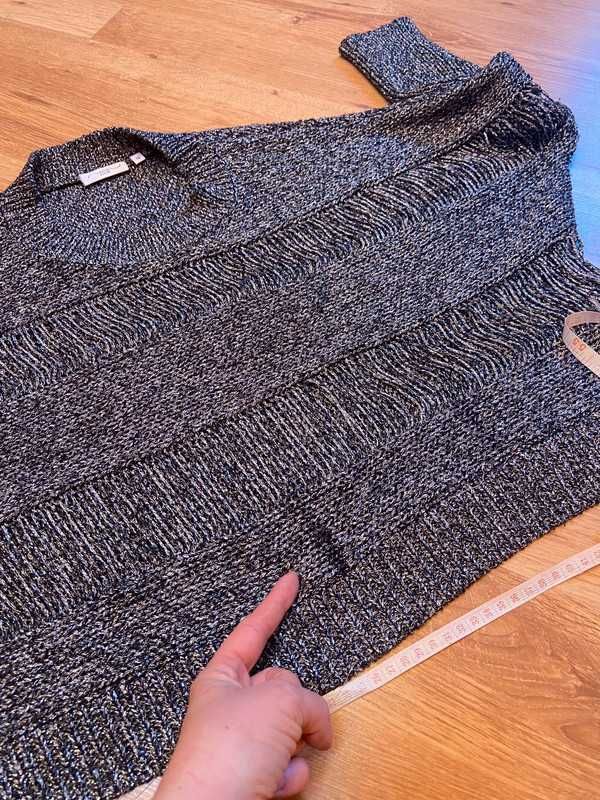 40 42 metaliczny sweter dziury nietoperz oversize srebrna nitka