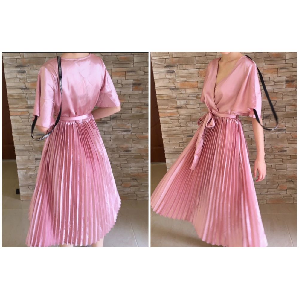 Satynowa różowa sukienka plisowana midi   L 40 m 38 boohoo