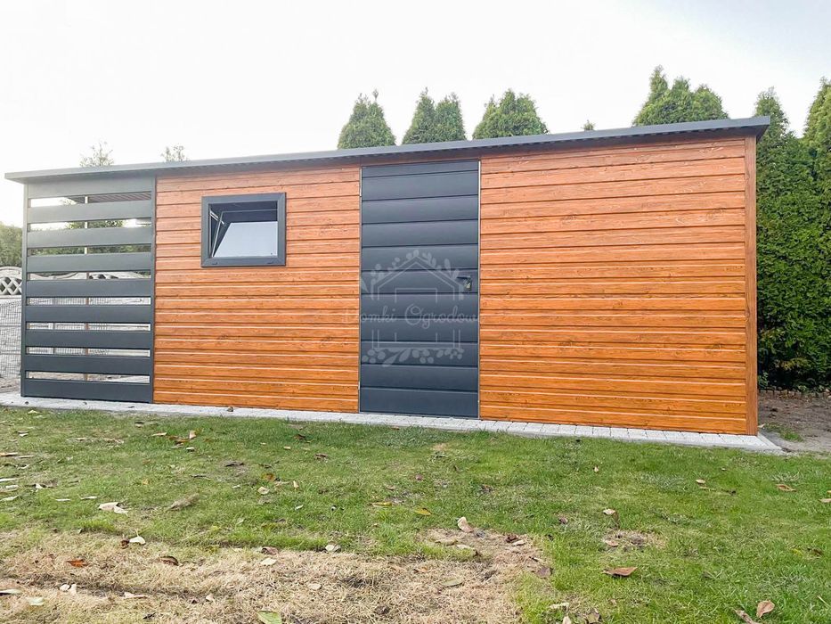 Domek ogrodowy 5x3,5m + wiata 1,5m jasny orzech  Dach spad w tył ID783