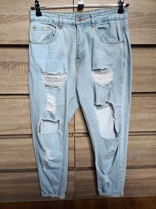 Jeansowe spodnie 40/L dziury jasne mom jeans