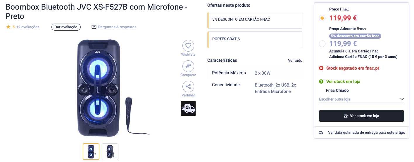 Coluna de som Bluetooth JVC XS -F527B e microfone - com garantia