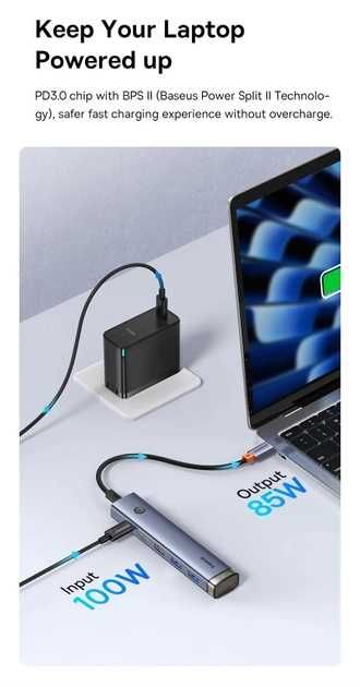 Хаб Baseus 6в1 Type-C to 3хUSB, HDMI 4K 60Гц, Type-C, 100W PD