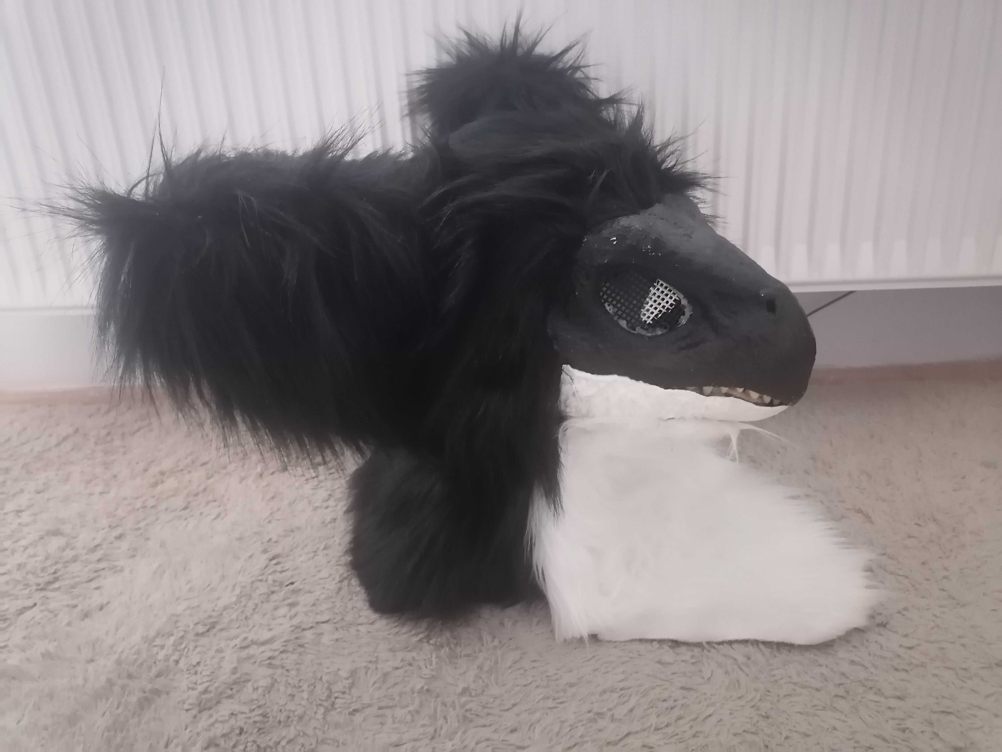 Dino maska/fursuit, ogon, skrawki futra, pianka tapicerska