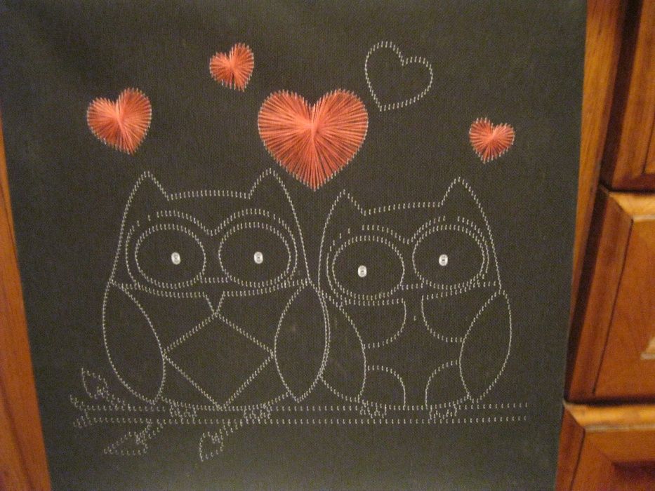 декор интерьер современная картина совы черная вышивка 32 на 32 см