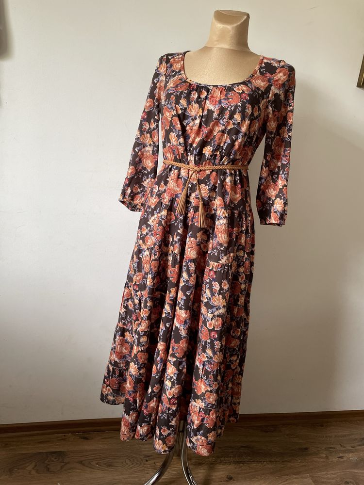Bawelniana sukienka  maxi LINDEX, brazowa w kwiaty, 100% bawełna