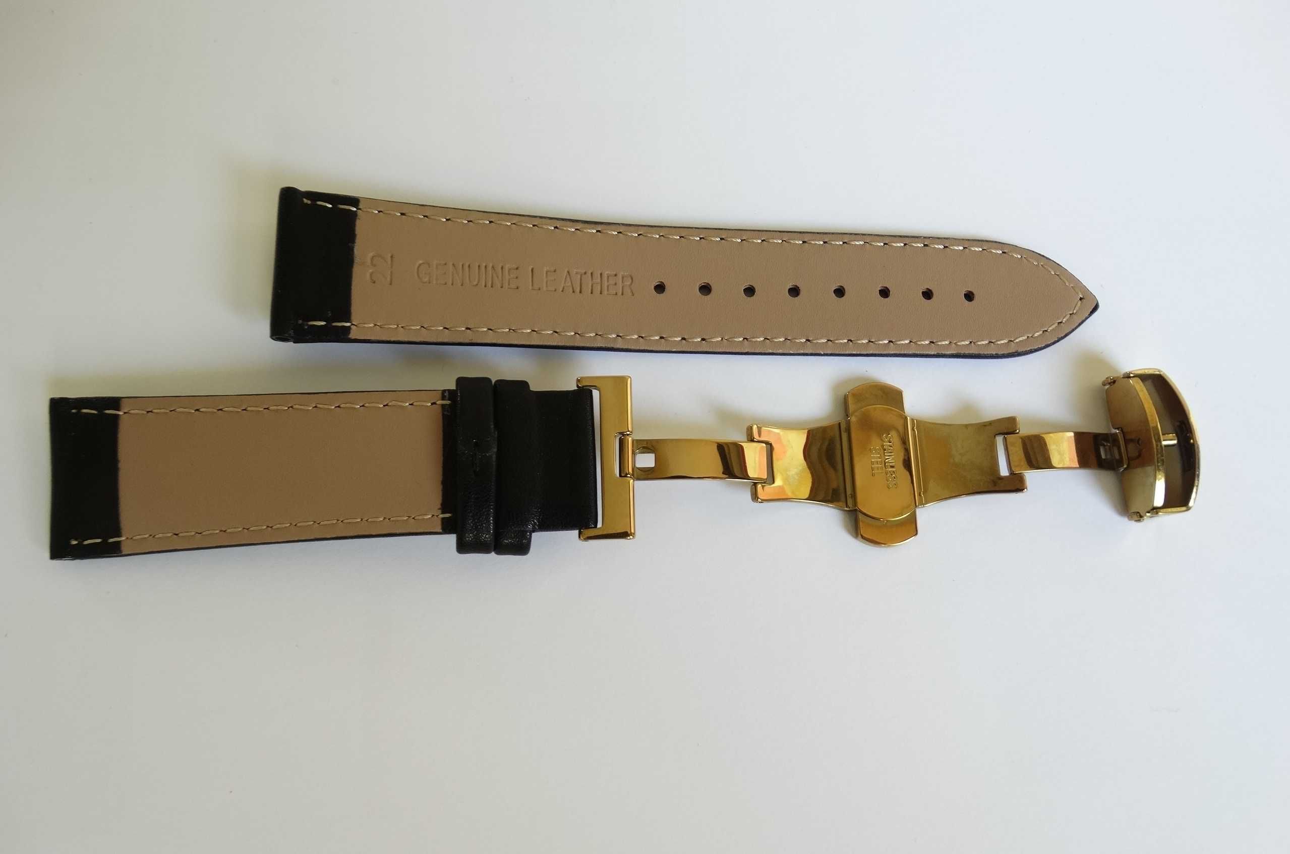Czarny skórzany pasek do zegarka 20mm 22mm złote zapięcie motylkowe