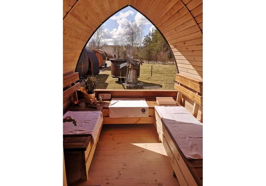 Sauna ogrodowa drewniana IGLO 2,5x2,34m beczka, ruska bania, fińska