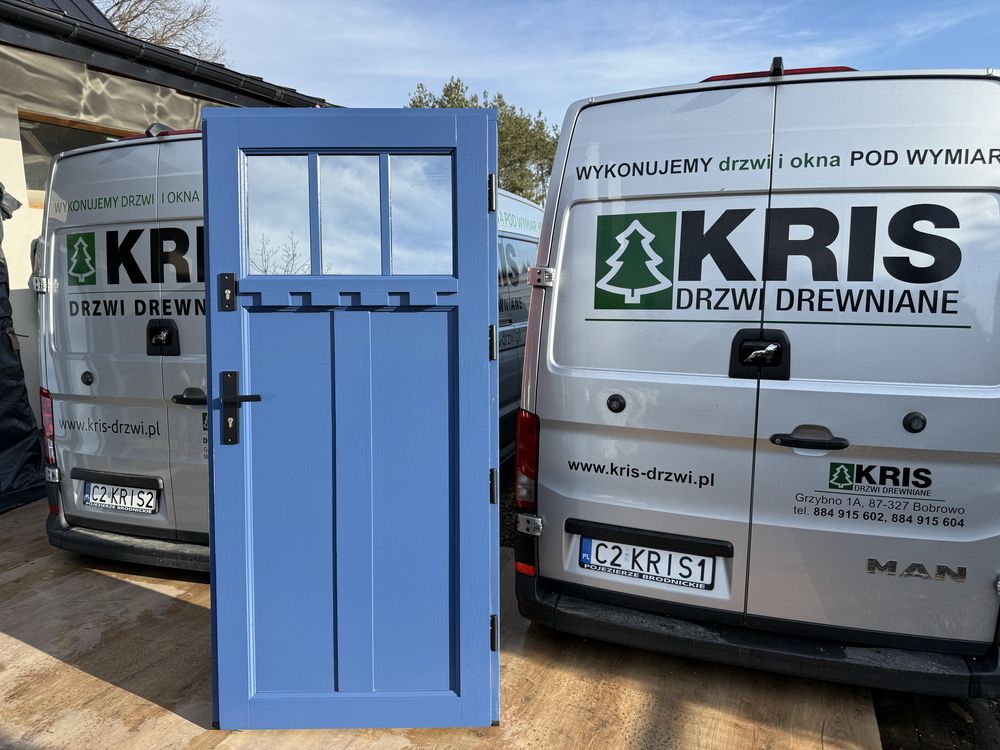 Drzwi zewnętrzne drewniane niebieskie 75MM CZYSTE POWIETRZE
