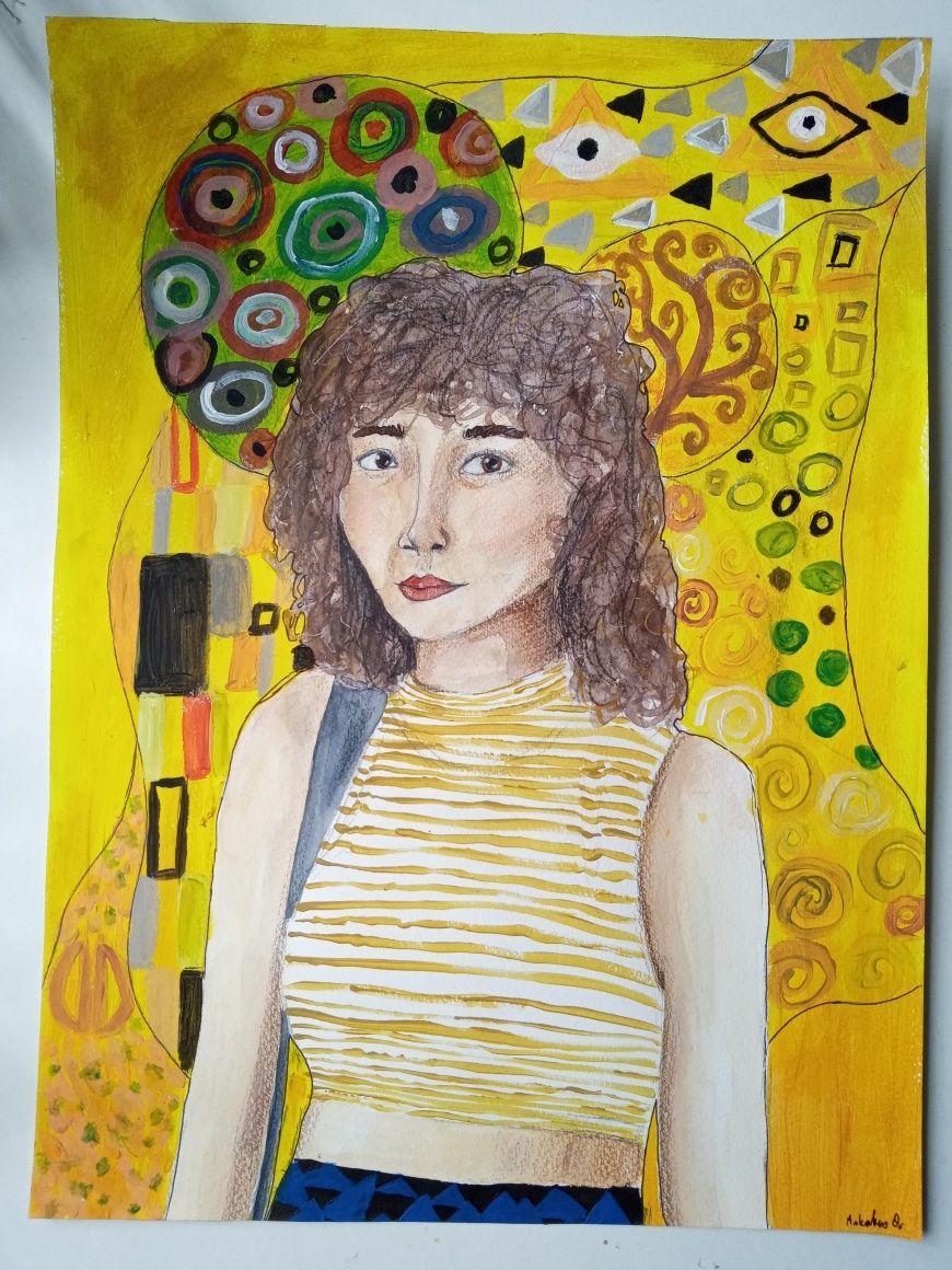 Obraz akryl i akwarela abstrakcja, "Kobieta na żółtym tle"