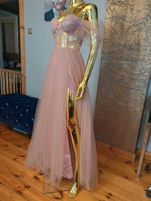 Sukienka na studniówkę, bal gorset+tiul. Pudrowy róż. R38