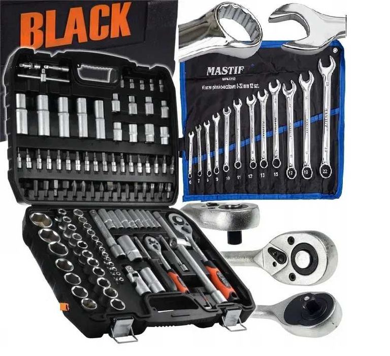 Набір ключів 2 в 1 інструментів BLack 108 ел. + 12 ел. рожкові Mastiff