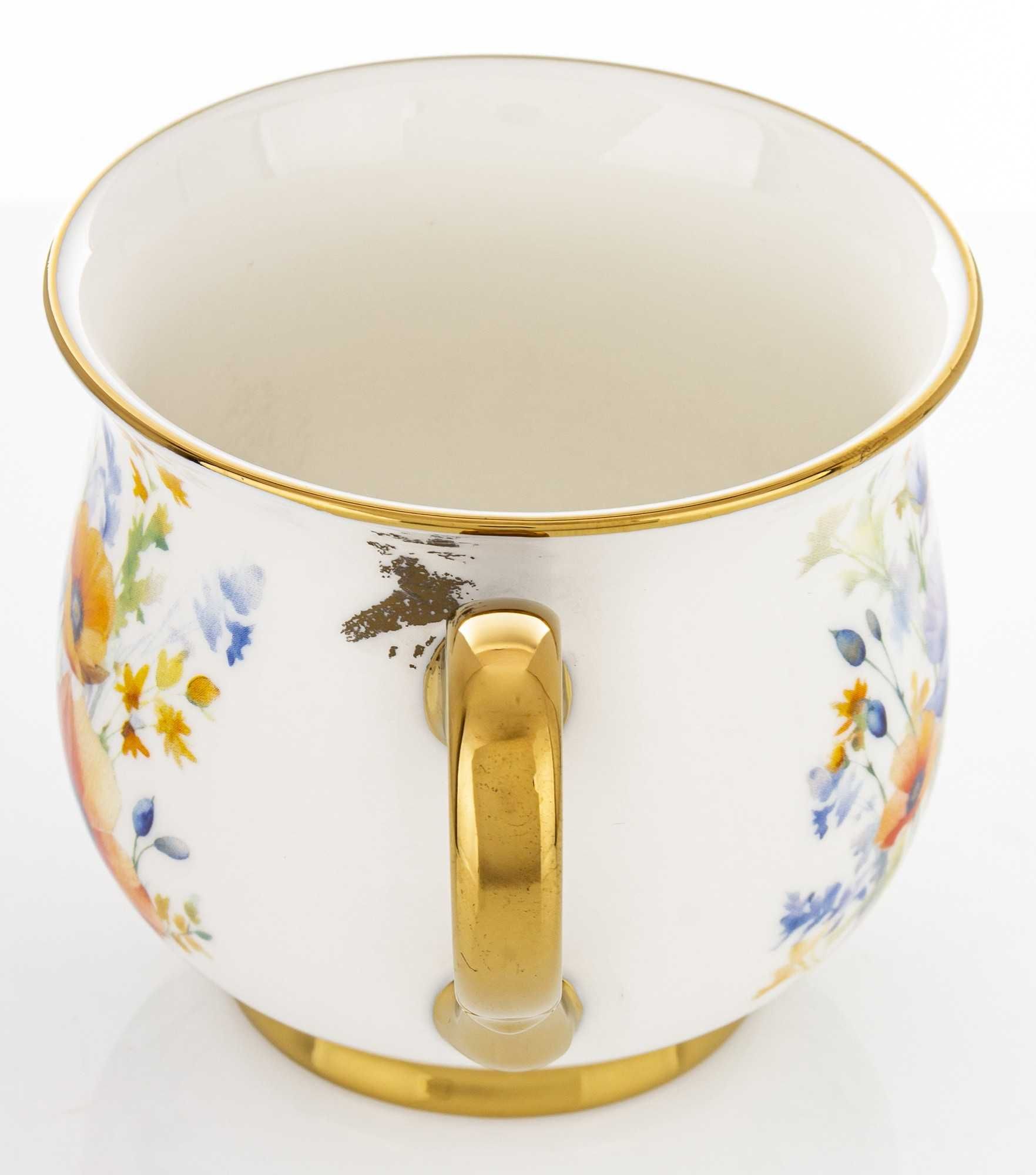 Kubek Porcelanowy Filiżanka do Kawy Herbaty 450 ml Biały Kwiaty Złoty