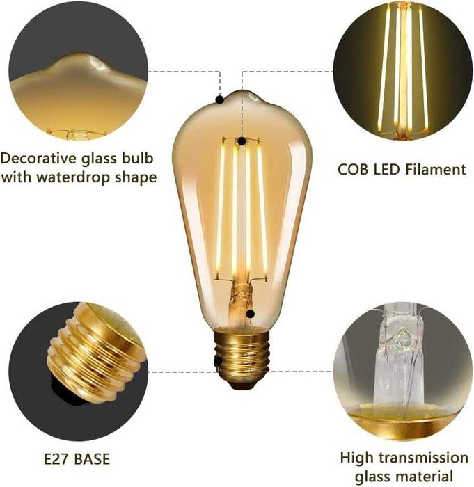 Żarówka LED FILAMENT Vintage Retro Edison ST64 2500k E27 6W Bursztyn