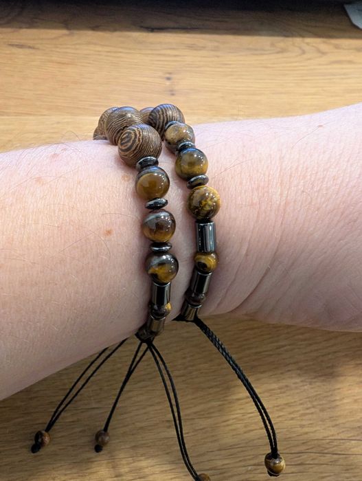 Męska bransoletka sznurkowa z drewna Wenge, Hematytu, Tygrysie oko