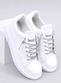 Białe buty sportowe damskie srebrne sznurówki rozmiar 37 nowe