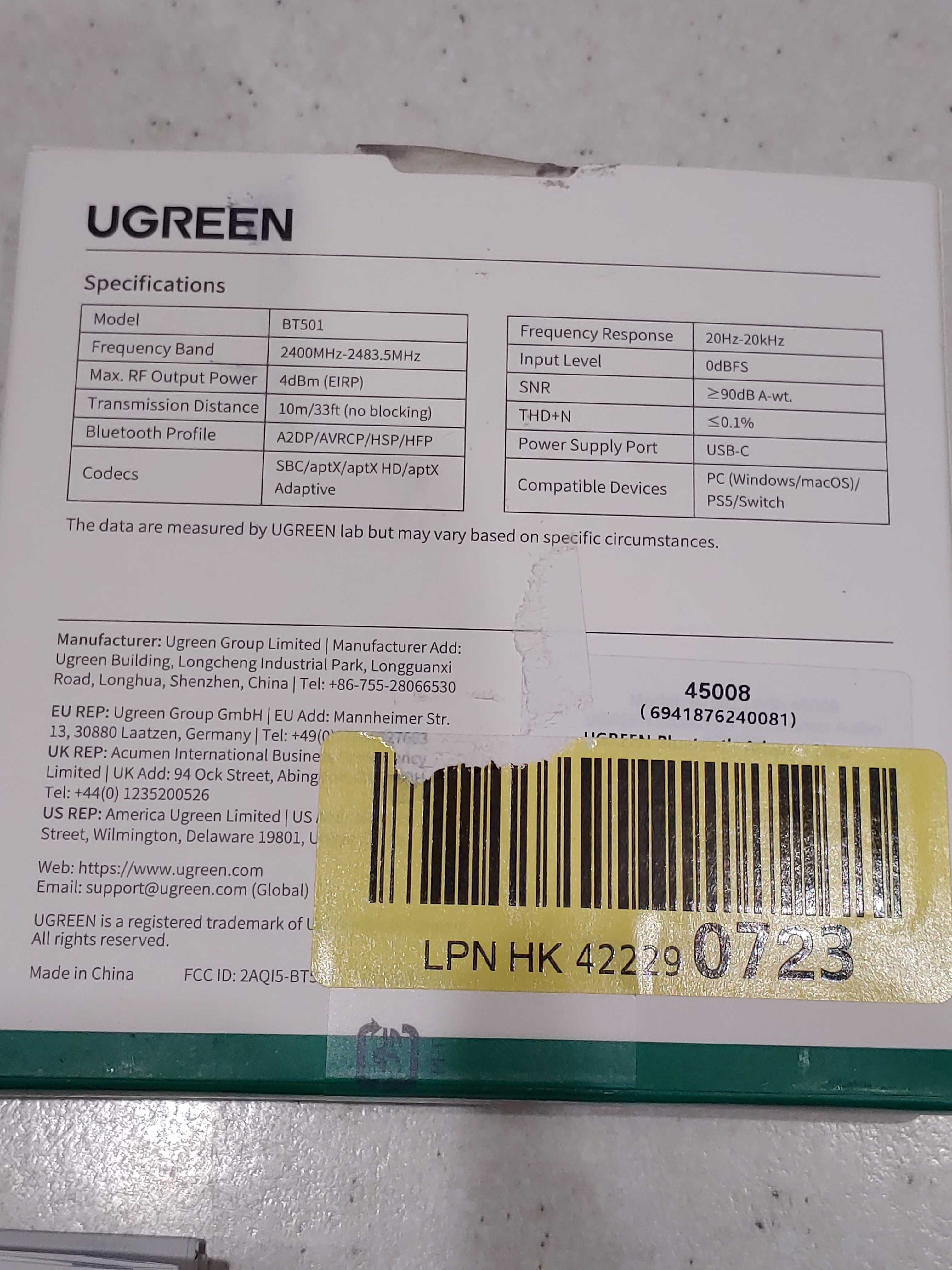 UGREEN 5.3 USB Bluetooth-адаптера, aptX Adaptive аудиопередатчик BT501