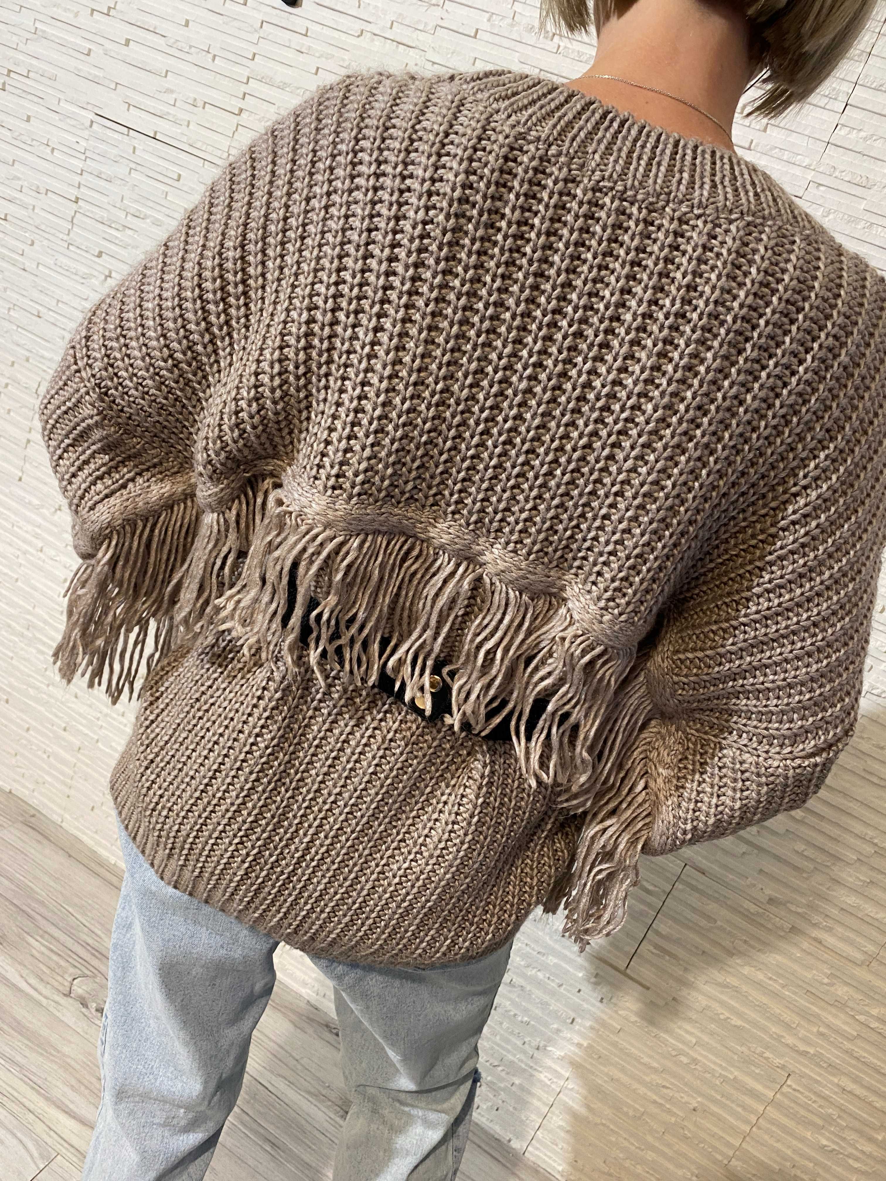 LOCI nowy sweter Frędzle -  wełna - splot - oversize beżowy Uni