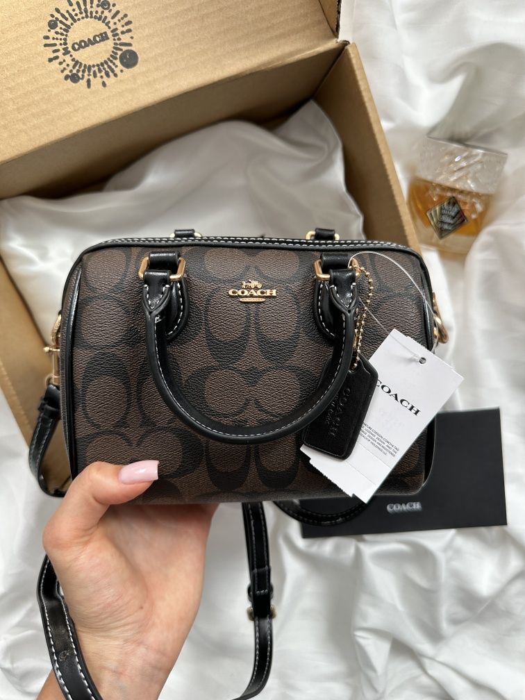 Сумка женская Coach Rowan Brown Satchel In Signature Canvas 17×12см