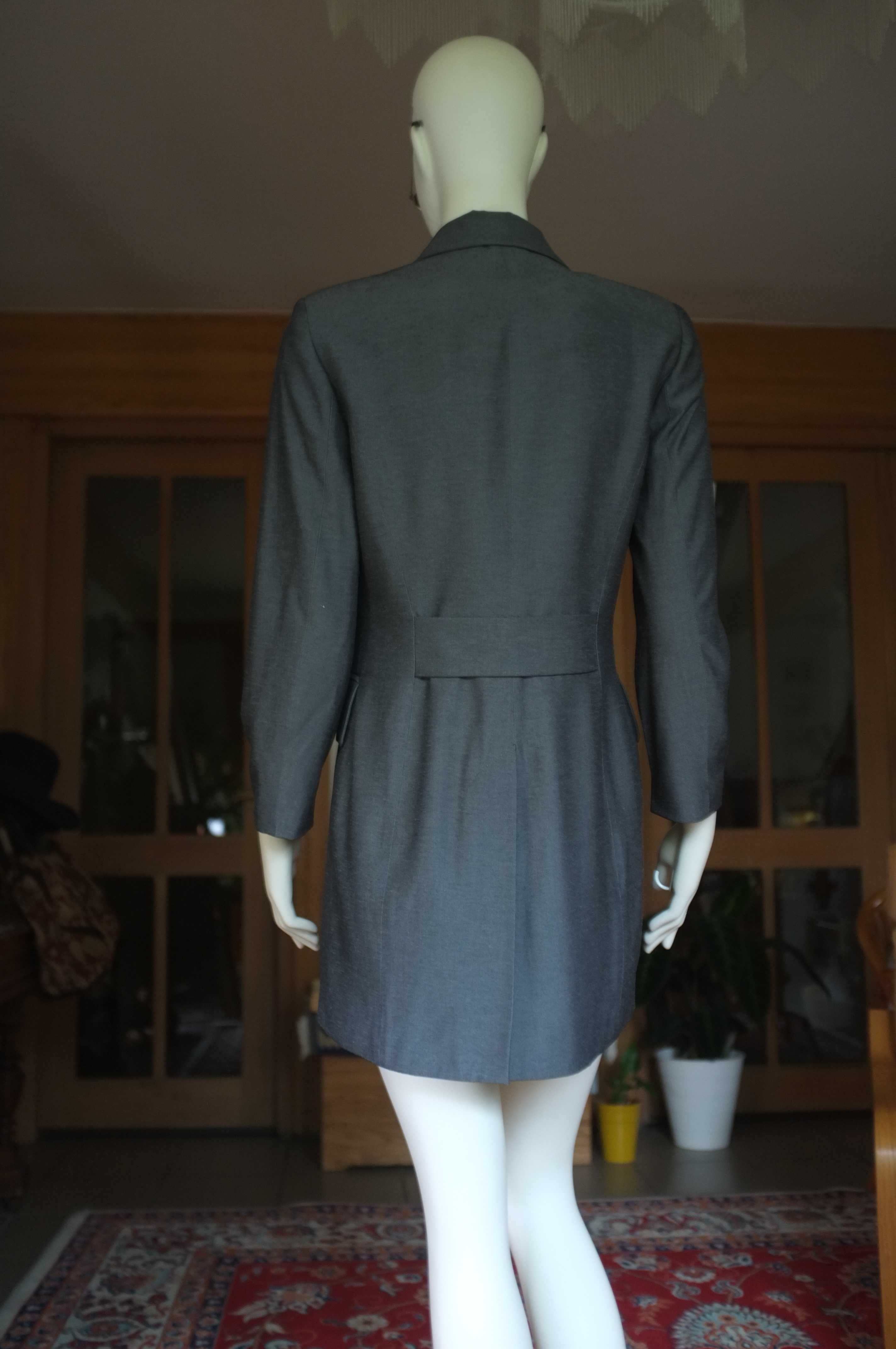 elegancka długa marynarka vintage Surdut szara srebrna żakiet Staccato