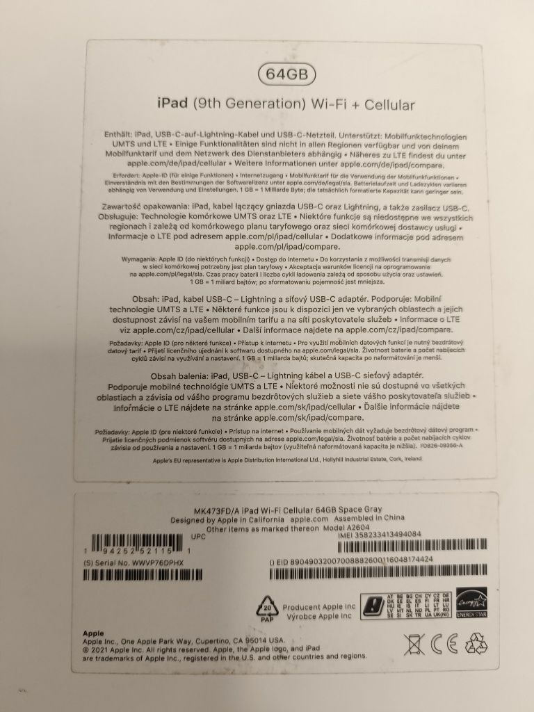 Apple Ipad 9 Generacji Wi-Fi + Cellular / 64 GB / A2604 / GWARANCJA