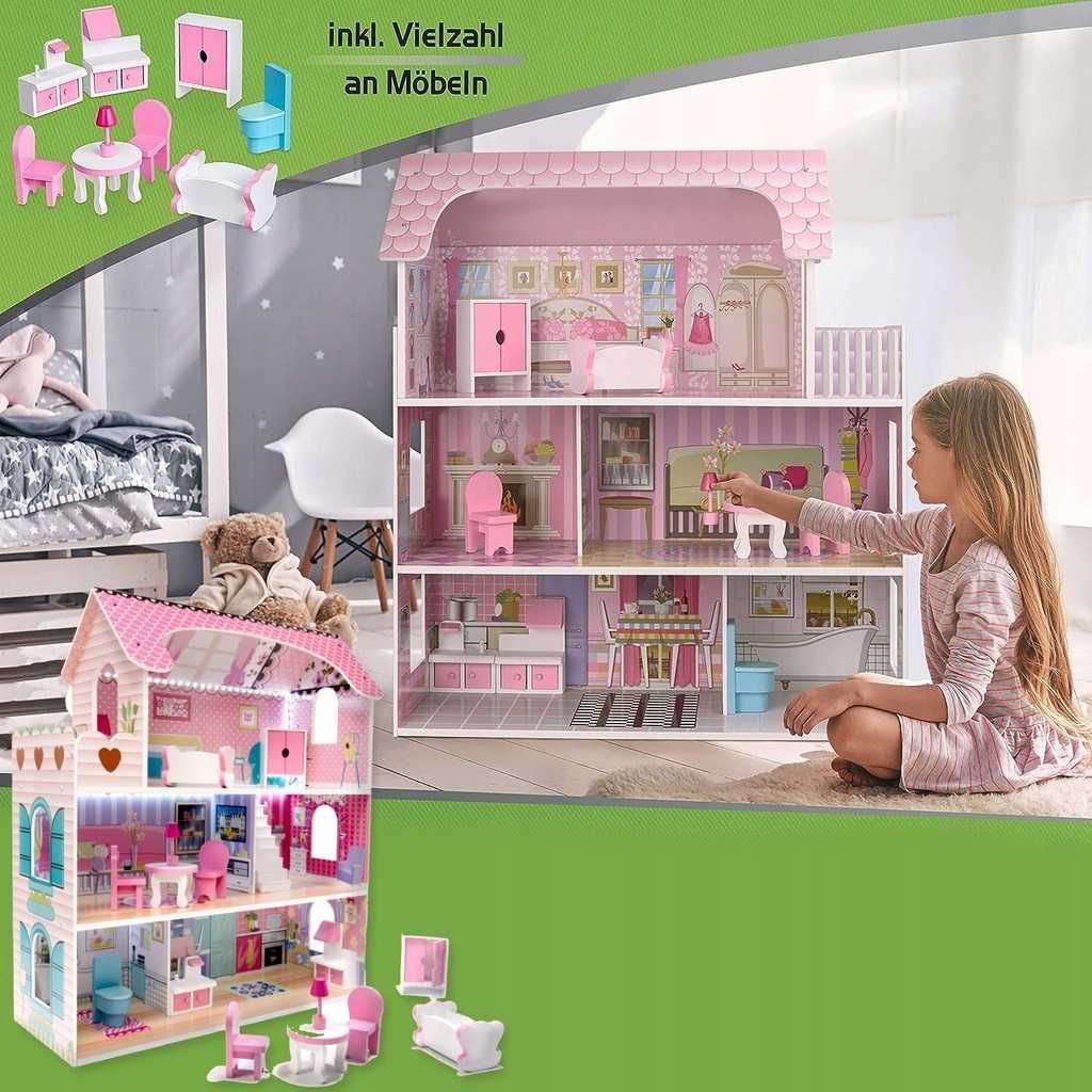 Duży drewniany domek dla lalek barbie willa led